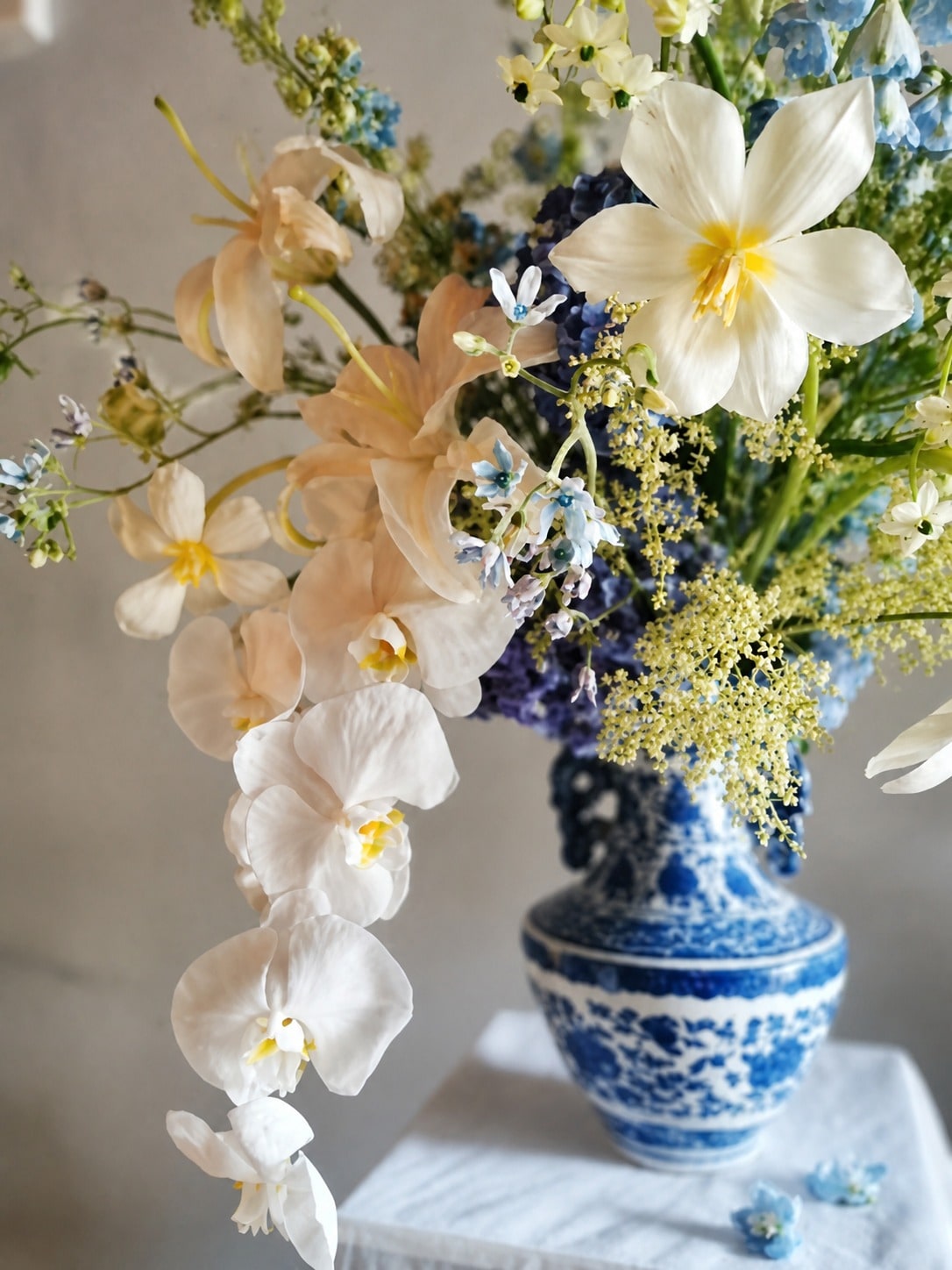 青花瓷瓶插著白蝴蝶蘭、白色鬱金香與藍色飛燕草，擺在白色大理石檯面上