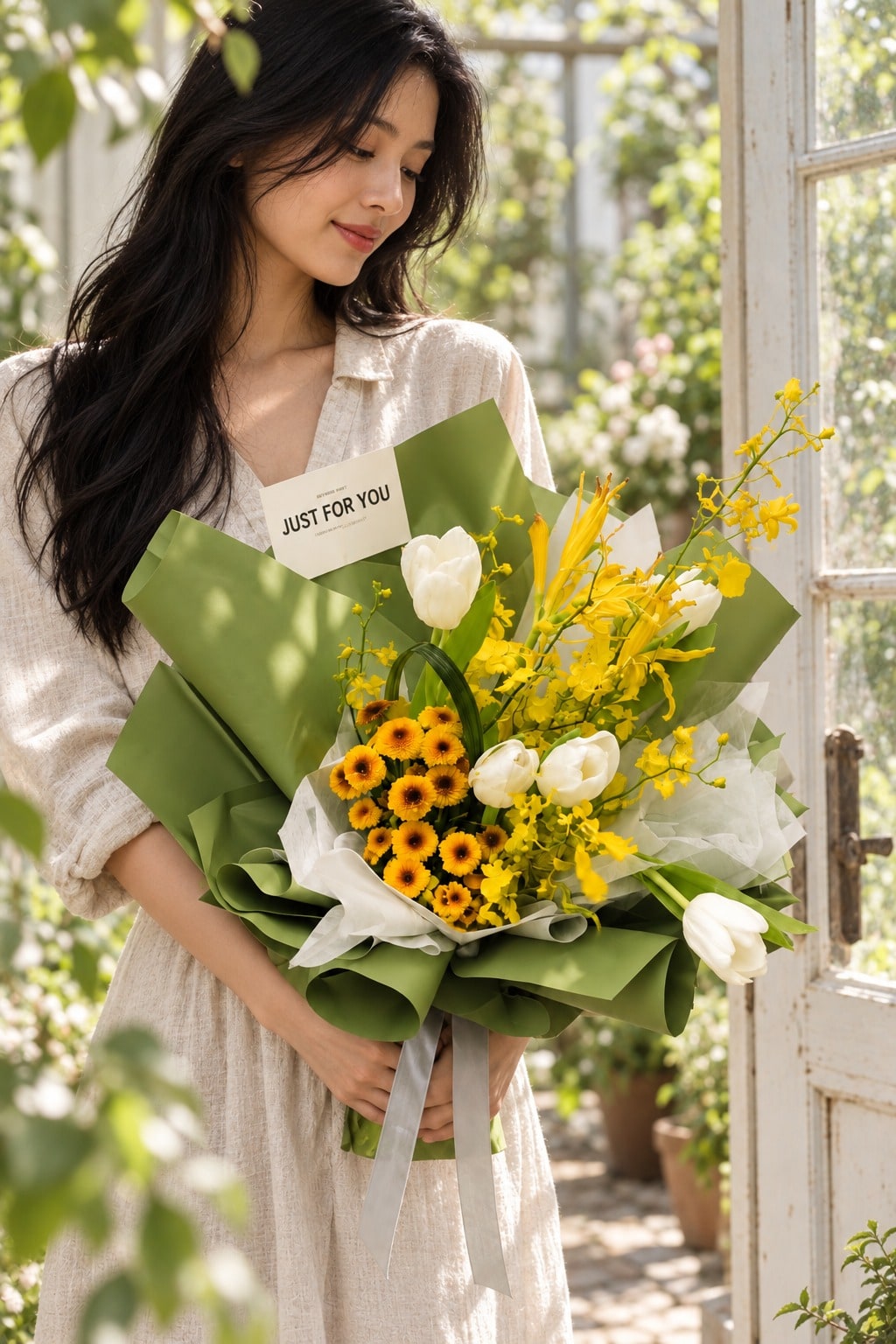 女子在溫室裡抱著綠色包裝的黃色文心蘭與白色鬱金香花束,陽光明亮